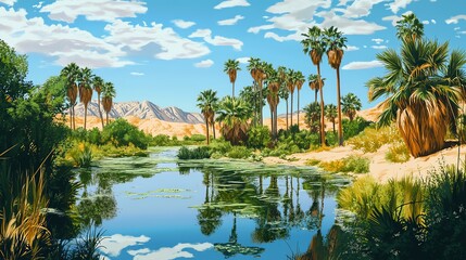 A serene desert oasis with palm trees and a tranquil water reflection under a clear sky.
