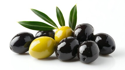 Fresh black and green olives gourmet food photography white background