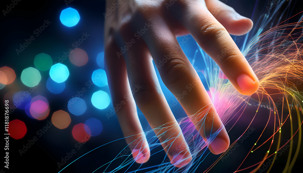 Poster hand interacting with a swirling pattern of multicolored lights and lines new