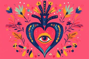 A heart-shaped illustration with Mexican folk art elements, a pink background, green and red colors, turquoise accent