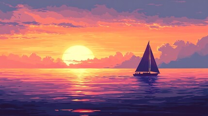 A serene sunset view with a sailboat gliding over calm waters, creating a tranquil scene.