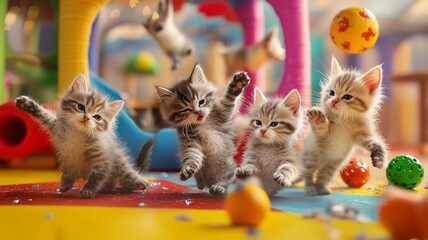 Photorealistic image of a group of fluffy kittens playing together in a bright, colorful play area
