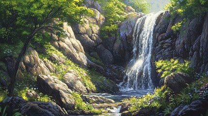 A serene waterfall cascading over rocks, surrounded by lush green foliage and vibrant nature.