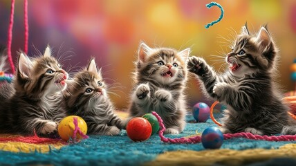 Photorealistic image of a group of fluffy kittens playing together in a bright, colorful play area
