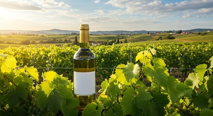 The image is a landscape photograph featuring a bottle of white wine prominently in the foreground.