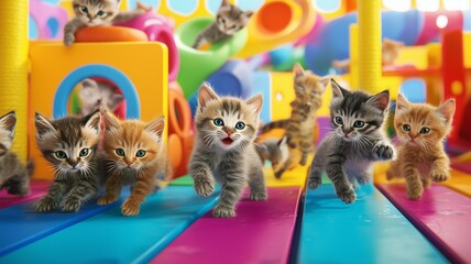 Photorealistic image of a group of fluffy kittens playing together in a bright, colorful play area
