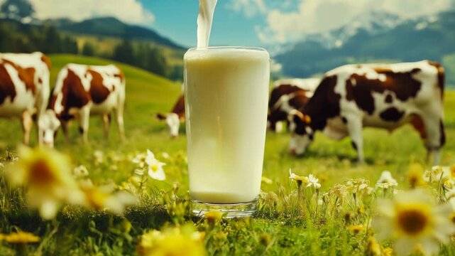 Pouring fresh milk into a glass surrounded by grazing cows in a serene pastoral setting