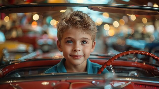 Fototapeta A young boy smiling in front of a classic retro car, captured in a charming portrait.