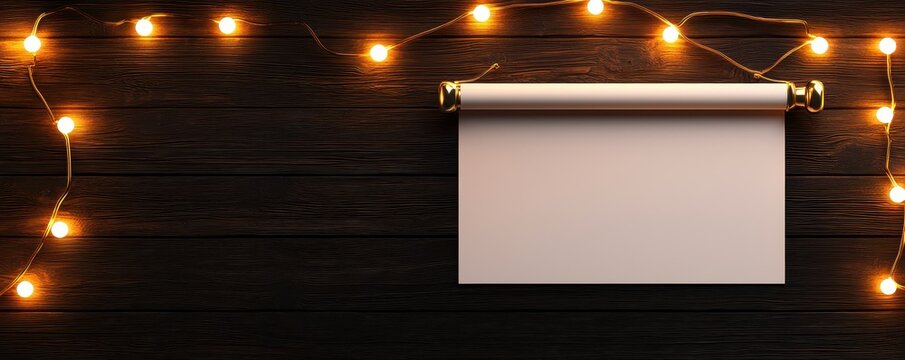 A blank scroll on a wooden background with warm glowing lights for creative ideas.