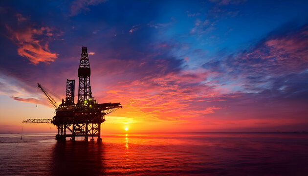 Oil rig silhouetted against a vibrant sunset, Offshore Jack Up Rig in The Middle of The Sea at Sunset Time