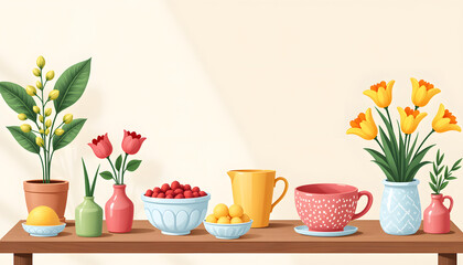 Fototapeta premium Colorful arrangement of flowers and fruits on wooden table
