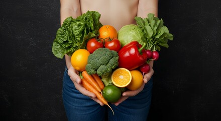 A person holding an assortment of fresh vegetables and fruits against a dark, textured background. The subject's torso is visible, with hands gently cradling the produce, forming a heart shape.
