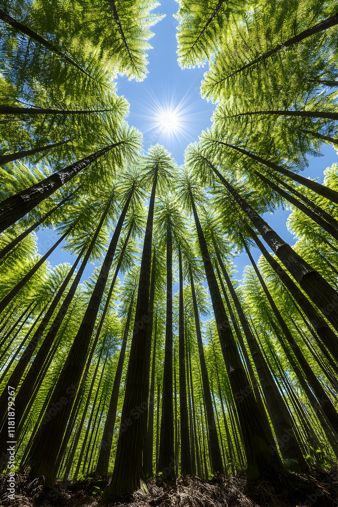 Poster majestic redwood forest canopy viewed from below, sunlight streams through the tall trees creating a