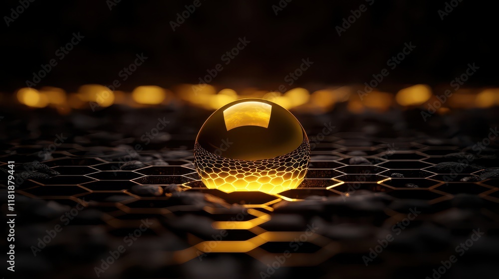 Poster a close-up view of a golden droplet resting on a honeycomb structure, showcasing textures.