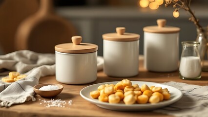 Stock photo features a modern dining room with a wooden family table, contemporary chairs, and a plate of nuts, alongside salt and pepper shakers, set against a white wall and concrete floor