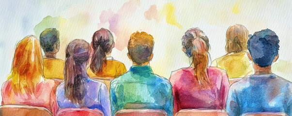 diverse group of students sitting together, engaged and attentive, showcasing various hairstyles and colors. watercolor effect adds vibrant touch to scene