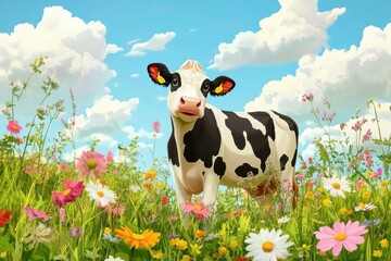 Cartoon cow standing in a vibrant flower-filled meadow under a bright blue sky with fluffy clouds on a sunny day