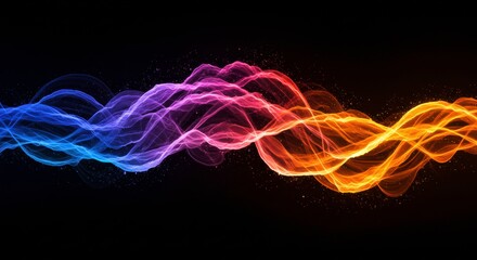 Abstract Wave Energy: Vibrant, swirling waves of light in hues of blue, orange and pink dance across a dark background, creating a dynamic and energetic abstract artwork. 