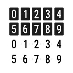 Number 0-9 letters flip board isolated icon. Black and white airport scoreboard display panel.