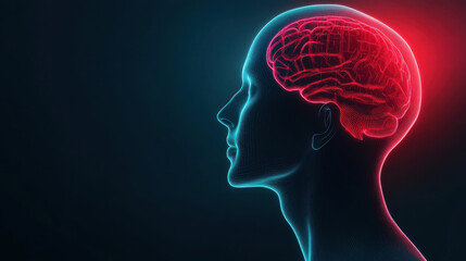 Obraz premium Human silhouette with glowing brain illustration in dark gradient