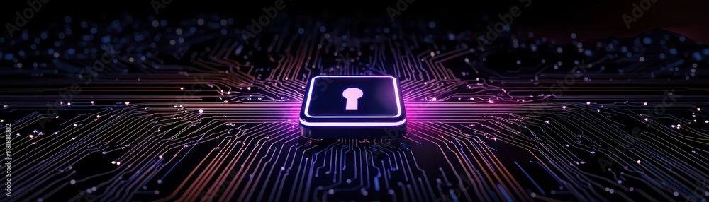 Poster a digital security symbol featuring a keyhole on a futuristic circuit board.