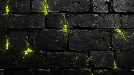 Naklejka premium Glowing green moss on black brick wall urban fantasy setting digital art mysterious atmosphere close-up view