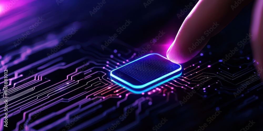 Poster a futuristic close-up of a hand touching a glowing microchip on a circuit board.