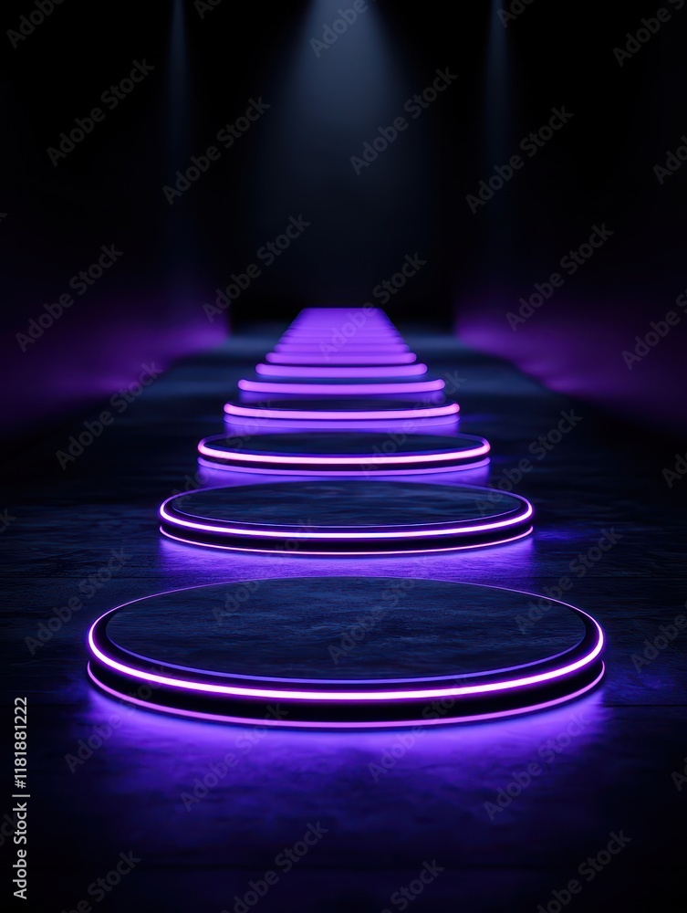 Poster a futuristic scene featuring illuminated circular platforms in a dark environment.