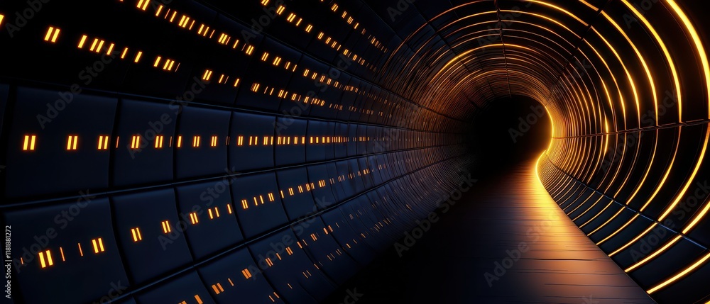 Poster a futuristic tunnel illuminated by golden lights, creating depth and intriguing visuals.