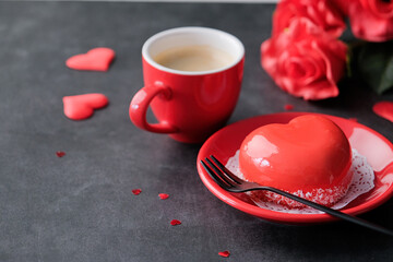 red heart cake and espresso in small cup for valentines day , copy space