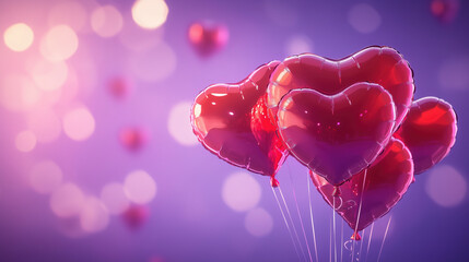 A Valentine's Day background,  heart-shaped balloons floating in the air, set against an elegant purple background, love is in the air, empty space for the text