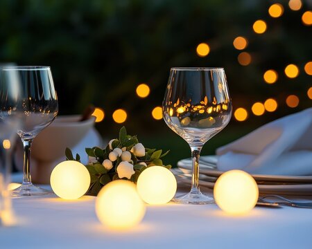 Elegant dinner table setting with glowing lights and wine glasses for a romantic evening.