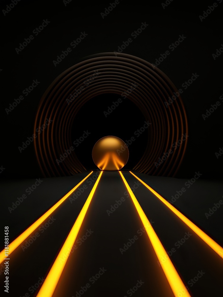 Poster a futuristic tunnel with glowing lines leading towards a spherical light source.
