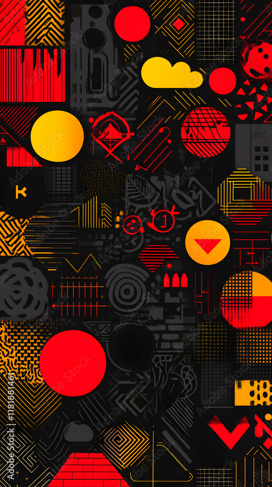 Poster abstract geometric pattern in red, yellow, and black. bold shapes and lines create a dynamic, energe