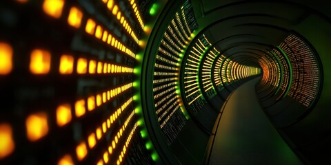 A futuristic tunnel illuminated with vibrant lights creates a captivating visual effect.