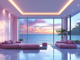 Pink living room with ocean view at sunset.