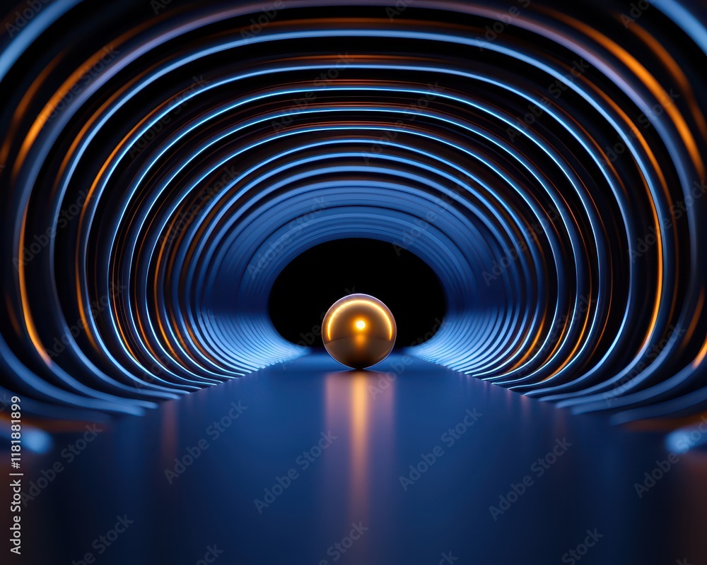 Poster a glowing sphere in a tunnel of luminous waves representing innovation.