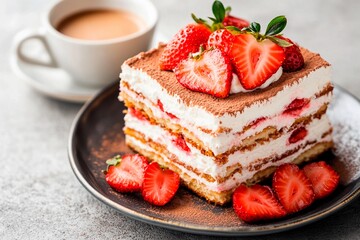 Delicious layered dessert with strawberries and coffee for a delightful afternoon treat