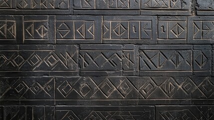 Handcarved tribal designs on black brick wall urban art scene texture photography close-up perspective cultural expression