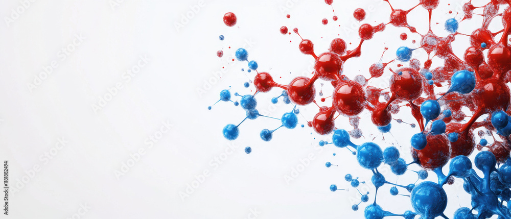 Poster an abstract composition features red and blue molecular structures dynamically interacting against a