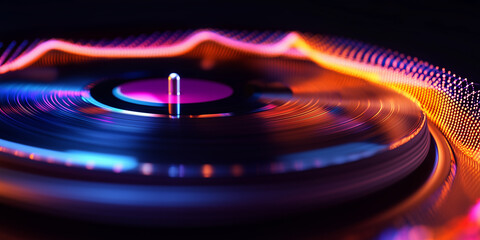 Vinyl record on a turn table with dramatic vibrate light.