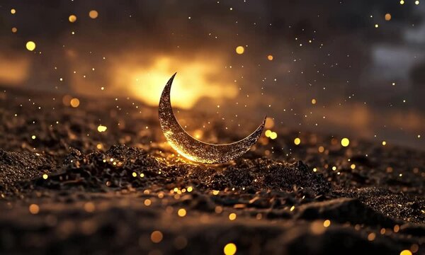 Golden crescent moon sparkling on sand under a starry sky, symbolizing the spiritual beauty of Eid Al-Fitr.	