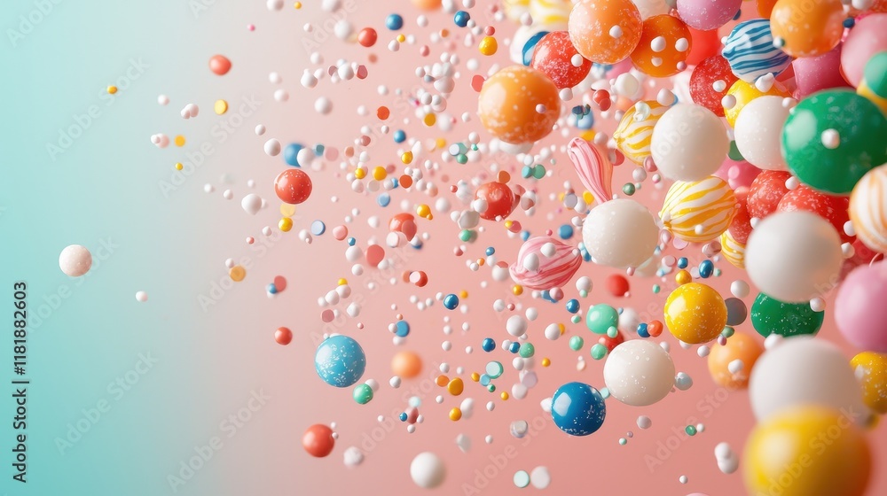 Poster playful and vibrant colorful spheres floating against a soft gradient background in a cheery atmosph