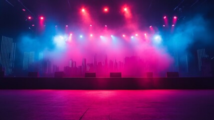 Vibrant Festival with Dazzling City Skyline Backdrop on Stage