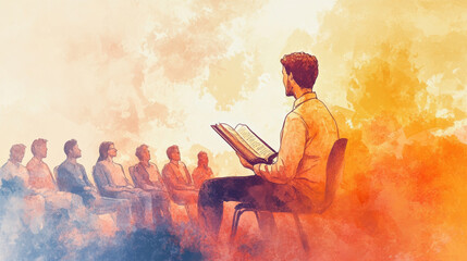 professor reading aloud from book during philosophy class, engaging students with captivating storytelling. warm colors create inviting atmosphere