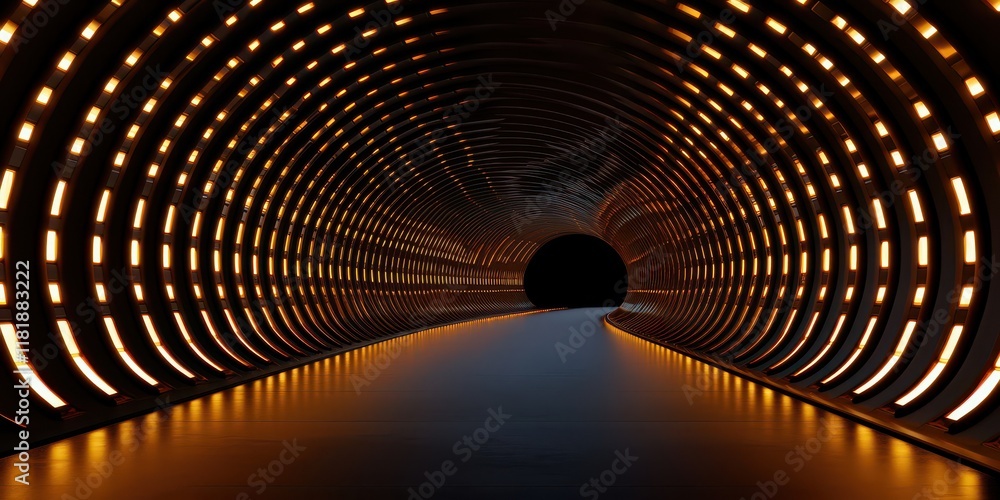 Poster a modern illuminated tunnel with circular lights, creating a futuristic atmosphere.