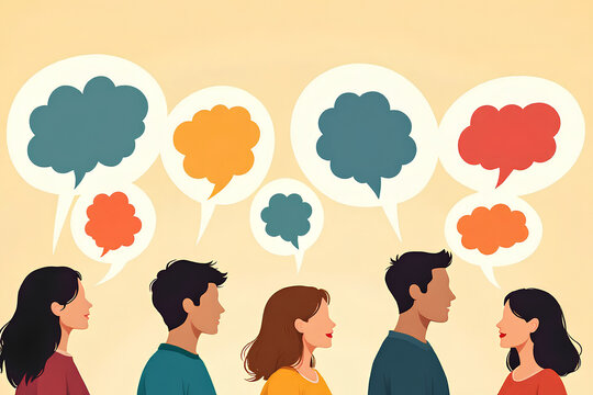 People with colorful speech bubbles representing diverse languages