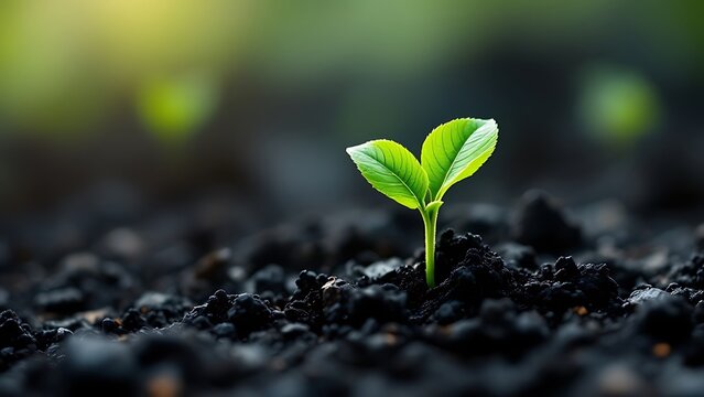 A seed of a green sprout grows in scorched soil. Idea of ecology, global heat, and revival