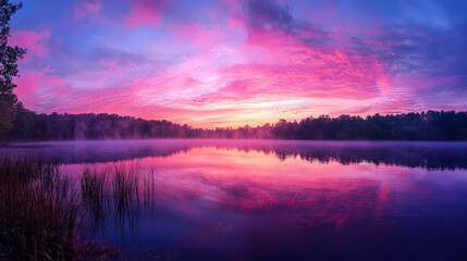 Fototapeta premium Sunrise Over Calm Lake with Forest and Colorful Sky