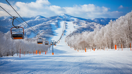 背景に使いやすいスキー場・ゲレンデの冬の雪山の写真_リフト・スノーボードイメージ